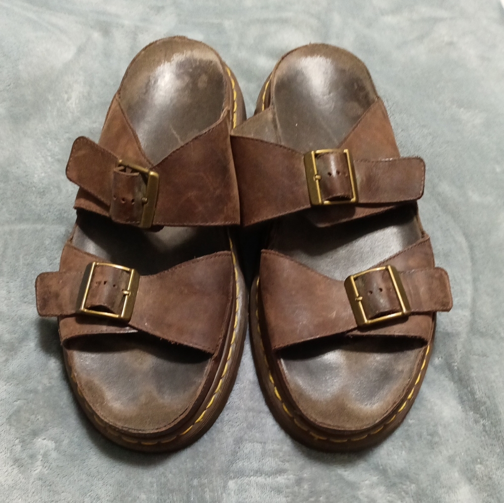 Men's Dr. Martin Brown Chunky Heavy Slip On Leather Brown Sandals Buckle Size 12